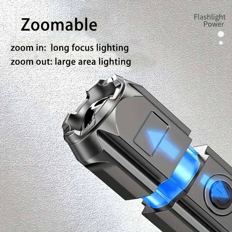 Ultra-Bright Zoomable Flashlight - Portable, Rechargeable with 400mAh Battery, Durable ABS, Long Range & Dimmable for Outdoor and Home Use