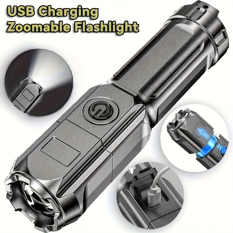 Ultra-Bright Zoomable Flashlight - Portable, Rechargeable with 400mAh Battery, Durable ABS, Long Range & Dimmable for Outdoor and Home Use